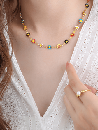 1pc Fashionable Multicolor Daisy Floral Choker Necklace, Cute Colorful Golden Flower Decor Necklace Fit For Women Casual Everyday Wear