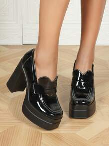 Tacones altos de 12 cm con plataforma de 4.5 cm en piel de patente brillante con diseño minimalista de suela gruesa, adecuados para uso en fiestas, nueva colección primavera 2025