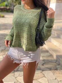 Damen lässiges locker geschnittenes Pullover-Top aus Eisseidengewebe mit Hohlmuster, Sommer Strandüberwurf Langarmshirt