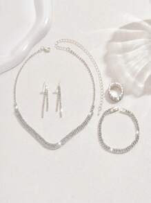 5 件优雅水钻首饰套装 - 项链、耳环、手链、戒指，全部铺镶，适合作为女朋友/妻子的节日/结婚礼物 - 5PCS 套裝-銀色 - 查看 4