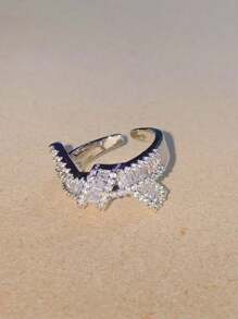 1 件奢华小众方晶锆石蝴蝶结戒指设计，高端不褪色，适合女性日常、派对、约会、旅行、指环配饰母亲节礼物 - 銀色 - 查看 3