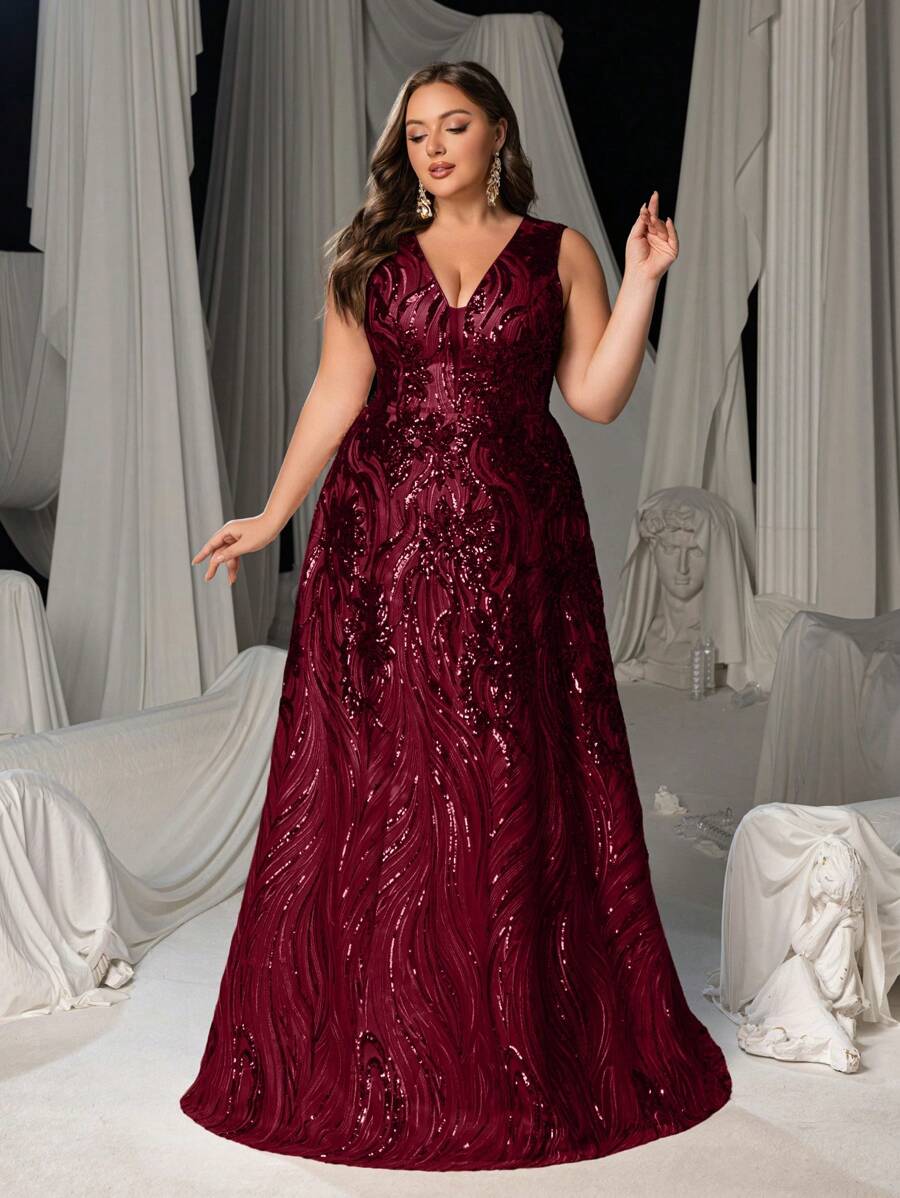 Faeriesty Plus Elegant Sleeveless V-Neck Evening Gown With Intricate Embroidery Sequin, Luxurious Formal Wear For Weddings, Red Carpet Events & Gala Dinners, Party Dress, Wedding Guest Dress, Evening Dress - 酒紅色 - 查看 1