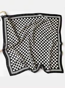 1pc Women's Faux Silk Checkered Pattern Printed Scarf, Versatile Neckerchief, Essential For Spring/Summer, Fashion Accessory