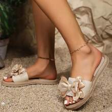 Beige Women's Slide Sandals With Floral Accents - Comfy Flat Sole, Open Toe, Breathable Fabric, Perfect For Beach & Casual Wear - Beige - View 6