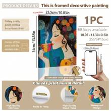 1 pieza, Pintura colgante de lienzo, Pintura decorativa enmarcada, Póster, Arte de pared, Pintura de lienzo abstracta de una chica del café, Estilo de arte decorativo moderno, Listo para colgar en la sala de estar, dormitorio, oficina en casa, decoración de aula