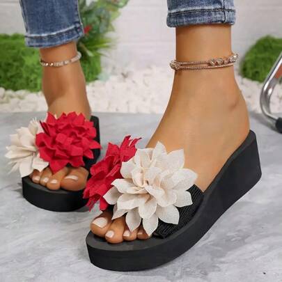 Women's Fashion Floral Slide Sandals - Comfortable 2-Inch Platform Heel, Open Toe, Fabric Upper With EVA Sole - Perfect For Indoor/Outdoor, Beach Vacations & Home Relaxation - Red & White Flower Design, Strappy Sandals