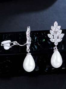 1 Pair Sparkling White CZ Leaf Dangling Pearl Non-Pierced Ear Clips Earrings For Women Without Ear Holes, Jewelry For Brides, Engagement, Wedding, Bridal, Banquet, Party, Prom, Pageant, Bridesmaids, High Quality Accessories - 1 Pair Clip On Earrings - View 10
