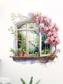 1 Set Home Decorations Contemporary Style 3D Window View Wall Stickers - Faux Window Frame With Floral Design, Self-Adhesive PVC Decals For Living Room And TV Background Decor, Detachable Single-Use Wall Art Spring Decoration Items Refresh Your Home - Multicolor - View 8