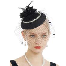 1 件全新 20 年代 50 年代夹式头饰复古头饰春季肯塔基德比帽婚礼花朵仿珍珠面纱药盒帽羽毛新娘女士茶会帽，发饰迷你帽子小帽子迷你高顶帽迷你帽 - 彩色 - 查看 2