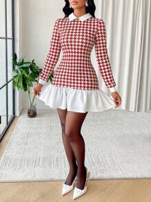 Amarilo 女式秋季千鸟格印花撞色领长袖荷叶边下摆连衣裙（随机印花） - 紅色 - 查看 6
