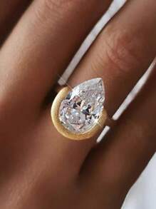 1pc Zirconia Teardrop Pigeon Egg Ring, Gilded Textured Exaggerated Vintage Copper Gold Ring Suitable For Women's Daily Wear, Applicable For Anniversary, Wedding, Party, Gathering And Special Occasions Wedding Jewelry Ring - 金色 - 查看 1