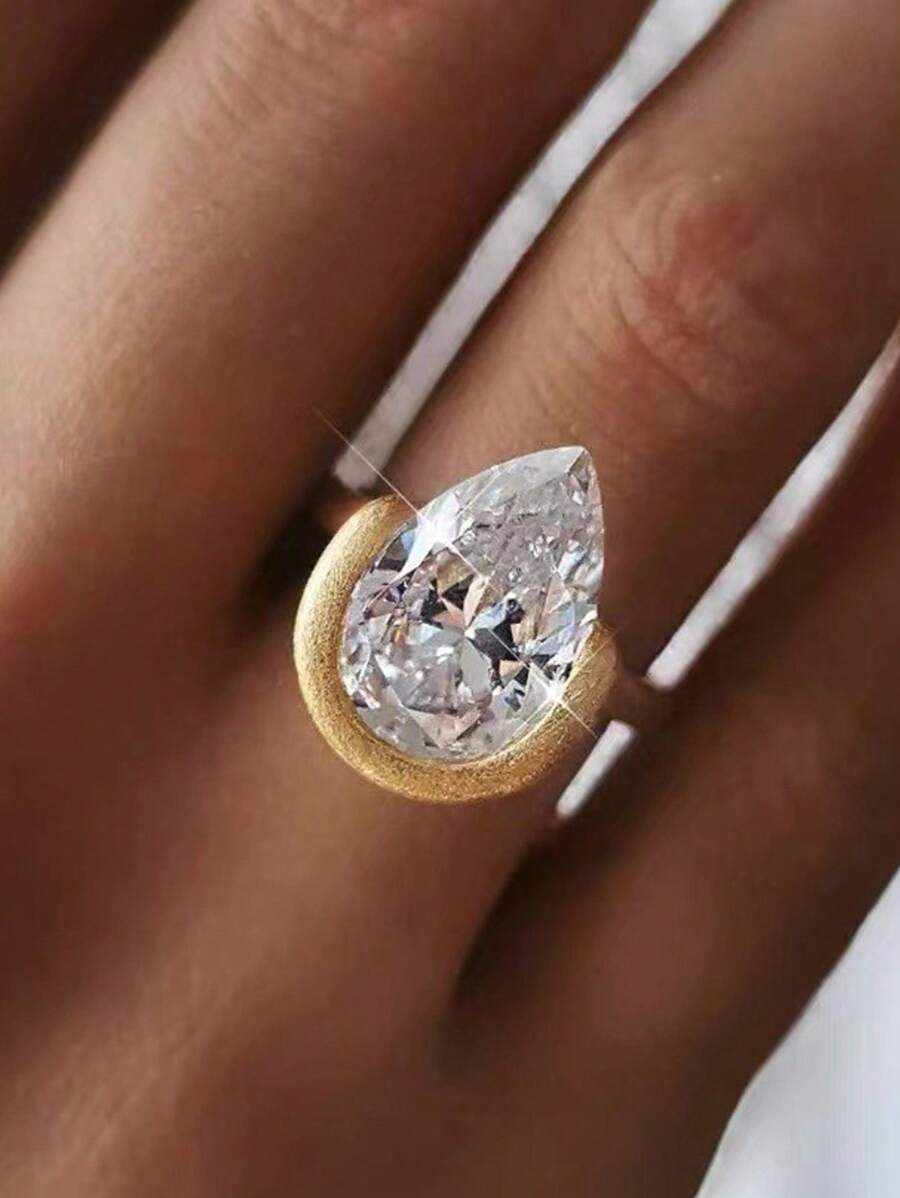 1pc Zirconia Teardrop Pigeon Egg Ring, Gilded Textured Exaggerated Vintage Copper Gold Ring Suitable For Women's Daily Wear, Applicable For Anniversary, Wedding, Party, Gathering And Special Occasions Wedding Jewelry Ring - 金色 - 查看 1