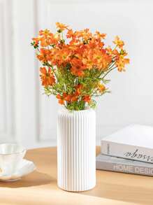 1pc Modern Style White Striped Plastic Vase - Ceramic Vase Imitation, Suitable For Fresh Flowers And Home Decor, Perfect Choice For Home And Cafe Decor, Striped Design, Simple Decorative Flower Arranging Item, Living Room