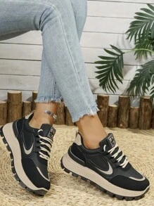 Women's Black Chunky Running Shoes, Comfortable Lace-Up Casual Sneakers For Students, Versatile Fashion Platform Non-Slip Sport Shoes For Outdoor/Running - Black - View 8