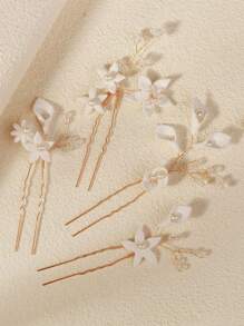 4 件装新款陶瓷花白色碎花发叉发插新娘头饰欧式简约珍珠点缀配饰 - 金色 - 查看 13