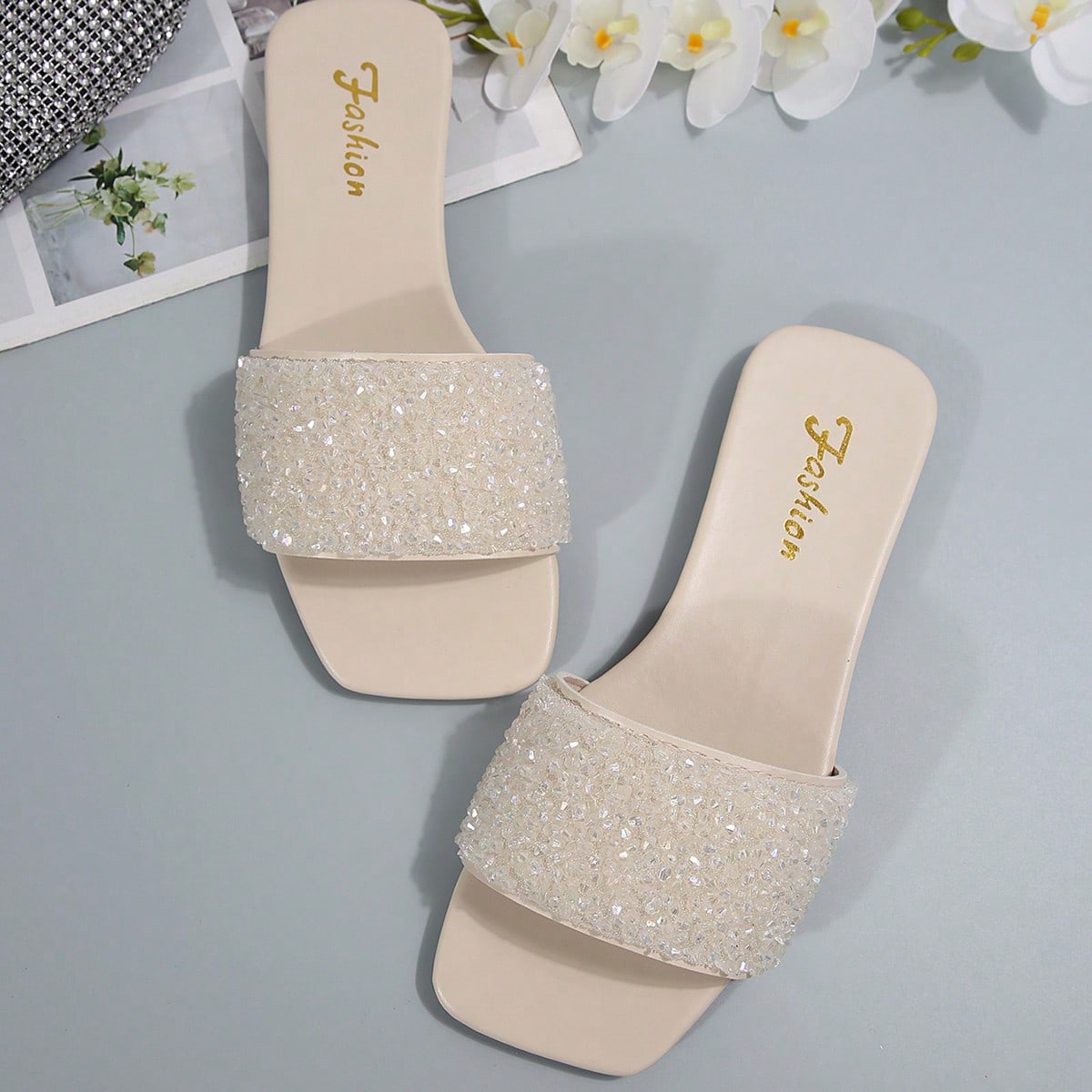 Sandalias planas talla grande para mujer, estilo de vacaciones verano casual, versátiles, decoradas con strass, de fácil deslizamiento