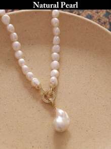 1pc Fashion Asymmetrical Baroque Pearl Necklace, Natural White Baroque Pearl Pendant Necklace, Stylish & Unique For Daily Wear, Holiday Gift