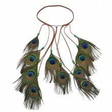 1pc Handmade Boho Retro Style Peacock Feather Design Hair Band, Headpiece For Beach/Travel - Green - View 6