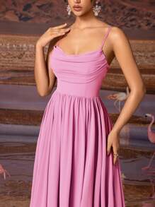 AOSHABABI 女士优雅雪纺荷叶边吊带长裙，正式礼服，适合各种正式场合，如宴会、婚礼、音乐节、节日派对、毕业舞会、鸡尾酒会、约会、度假、伴娘礼服，也适合晚宴、婚礼宾客、情人节等场合，春季粉色 - 粉色 - 查看 7