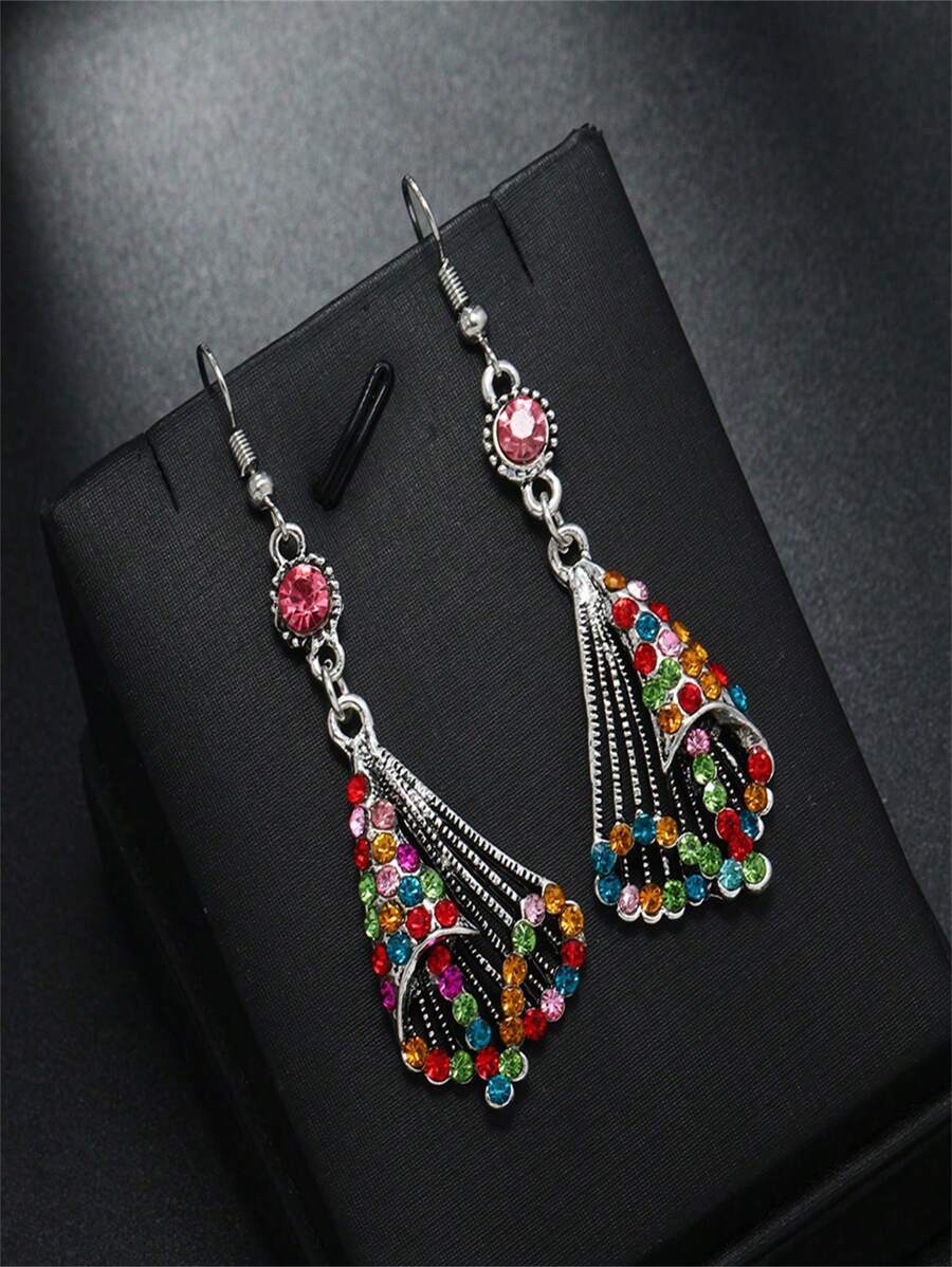 创意时尚长流苏合金耳环耳环个性复古多层水钻镶嵌耳环 - 彩色 - 查看 1