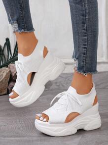 新款夏季厚底坡跟凉鞋，百搭弹力女式凉鞋，高跟优雅女式凉鞋，网眼透气舒适女式凉鞋，黑色鞋子，坡跟高跟女式凉鞋 - 白色 - 查看 3