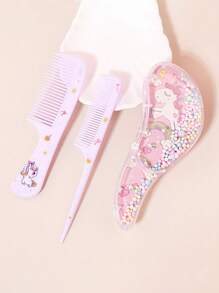 3pcs/2pcs Cartoon Hair Comb Set - Wet And Dry Combing And Styling Brush For All Hair Types, Durable ABS Plastic Handle, Perfect Gift Choice(Purple Unicorn Comb Pattern Random)