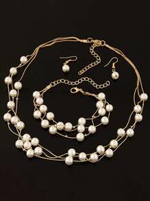 Simple & Elegant Fashionable Faux Pearl Necklace, Earrings, Bracelet Jewelry Set - Gold - View 5