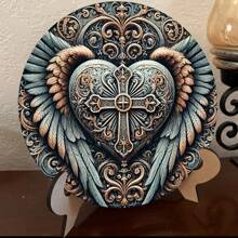 8"X8" Vintage Engelenvleugels & Kruis Decor Plaquette, Houten Wandkunst Geschikt Voor Thuis, Boerderij, Veranda, Slaapkamer, Perfect Vakantiecadeau, Willekeurig Gat Ontwerp