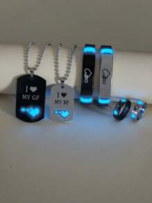 ATLVXJL 6 件/套发光心形“我永远爱我的男朋友/女朋友”字母不锈钢情侣项链、手链、戒指首饰套装、情人节礼物、日常佩戴、妈妈、母亲、母亲节、礼物 - 彩色 - 查看 1
