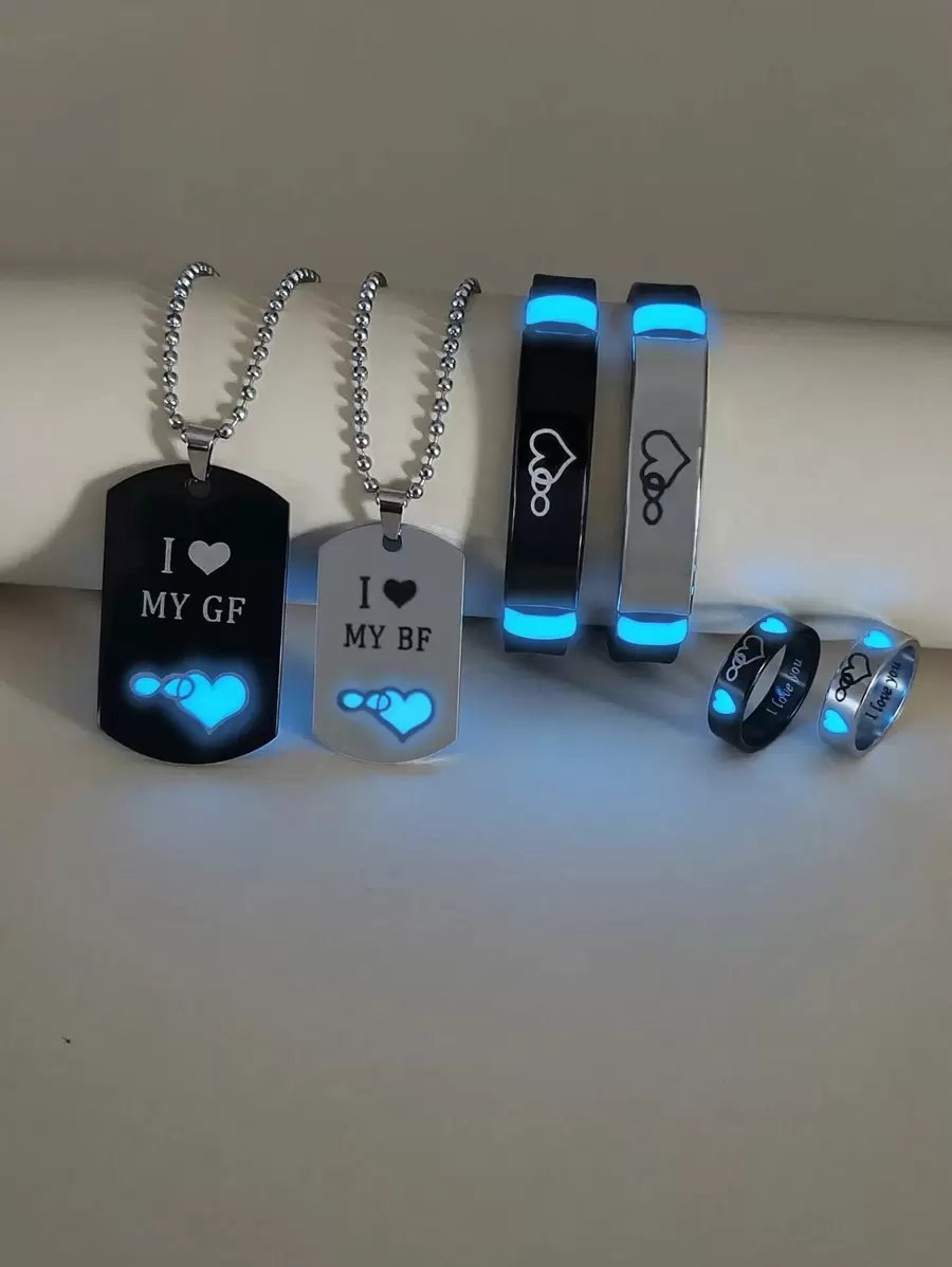 ATLVXJL 6 件/套发光心形“我永远爱我的男朋友/女朋友”字母不锈钢情侣项链、手链、戒指首饰套装、情人节礼物、日常佩戴、妈妈、母亲、母亲节、礼物 - 彩色 - 查看 1