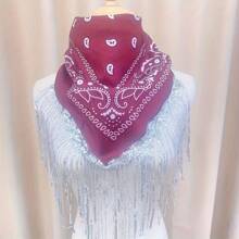 1 Pc Fashionable European & American Style Paisley-Shaped Scarf, Hip-Hop Street Dance Leaf Print Long Tassel Sequin Multifunctional Headband Scarf, Made Of Polyester Fiber