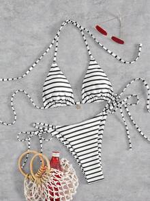 Bộ bikini nữ, họa tiết sọc đen trắng phong cách Bohemian dễ thương, thích hợp cho kỳ nghỉ, trang phục đi biển thanh lịch thường ngày, phù hợp cho dịp năm mới, Lễ tình nhân/kỳ nghỉ, lễ hội âm nhạc và trang phục đi biển/hồ bơi mùa xuân/hè 2026. - màu đen - Xem 5