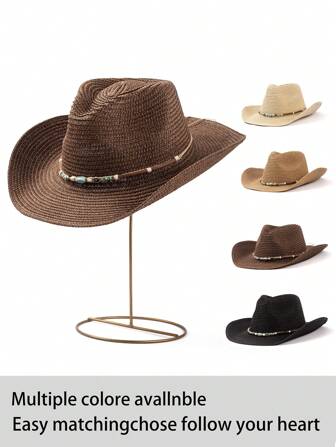 1pc Solid Color Bohemian Casual Straw Jewel Cowboy Beach Hat, Sunscreen, Suitable For All Seasons, Unisex, Versatile For Commuting