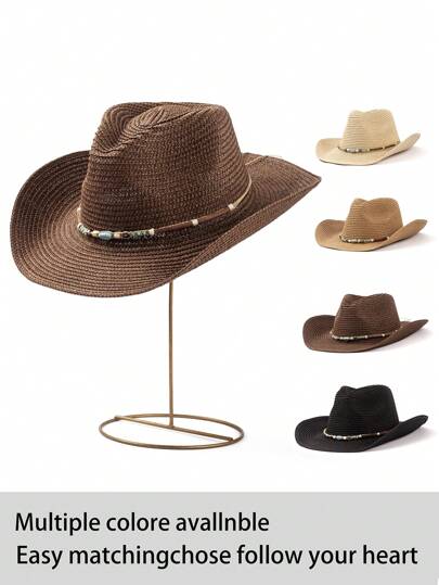 1pc Solid Color Bohemian Casual Straw Jewel Cowboy Beach Hat, Sunscreen, Suitable For All Seasons, Unisex, Versatile For Commuting