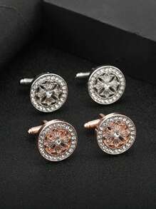 1 对时尚水晶装饰金属袖扣，优雅圆形男士衬衫纽扣