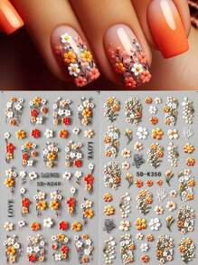 2 pièces Autocollants d'art des ongles 5D en relief, fleurs à cinq pétales jaune orangé. Conceptions d'ongles floraux jardin fleurissant mariage. Fournitures pour ongles DIY, décorations de charmes en relief