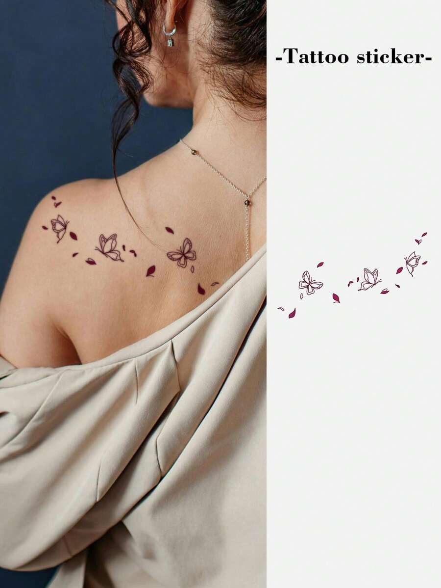 1 Piece Butterfly Chase & Fading Flower Petal Tattoo Sticker, Fashionable Temporary Tattoo Sheet, Waterproof & Sweatproof, Unisex - Multicolor - View 1