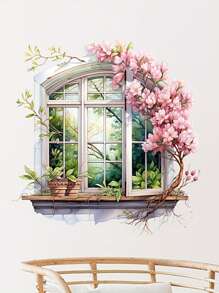 1 Set Home Decorations Contemporary Style 3D Window View Wall Stickers - Faux Window Frame With Floral Design, Self-Adhesive PVC Decals For Living Room And TV Background Decor, Detachable Single-Use Wall Art Spring Decoration Items Refresh Your Home - Multicolor - View 11
