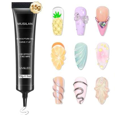 3D 指甲油 - 美甲雕刻凝胶指甲胶 15g 免擦拭透明凝胶抛光剂，用于指甲设计和 DIY 美甲，用于绘画、造型、雕塑和装饰