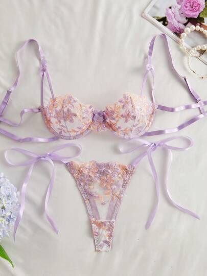 New Pieces Women BH Set, Paars Bloemen Geborduurde Mesh Underwire Slipje Verleidelijke See Through Lingerie Set Ultra Thin