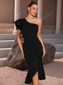 Vestido ceñido con volantes asimétricos elegantes en negro, vestido de fiesta, vestido de invitada de boda, para cóctel