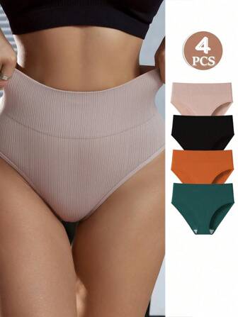 4pcs Women Shorts/Briefs, Solid Color, Mid/High Waist, Comfortable, Slimming, Tummy Control, Women Body Shaper, Panty