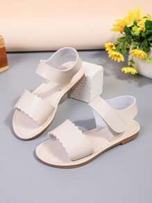 1 Pair Toddler/Little Girls Beige PU Leather Wave Stripe Sandals With Adjustable Strap And Round Toe Design, Suitable For 3-15 Years Old, Casual, Party, Vacation, Spring/Summer - View 4