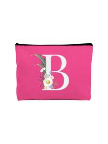 首字母印花拼布女士化妆包 玫红色小包 化妆包 便携洗漱包 教师节礼物 可重复使用化妆包 带雏菊白色字母印花 女士简约大容量旅行化妆包