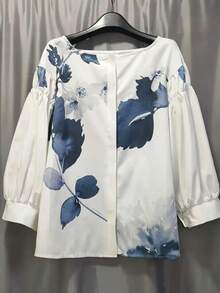 Plus Size Plus Size Elegant Fashion Big Floral Print Lantern Sleeve Shirt - Color - View 2