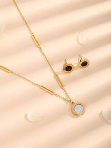 3 件套时尚黑白珍珠母双面罗马数字项链和圆形耳环首饰套装，简约设计 - 羅馬別針項鍊+耳環 - 查看 2