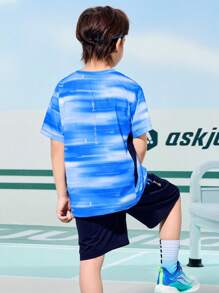 ASK JUNIOR 青少年男孩运动服，轻质速干撞色 T 恤和宽松短裤两件套，适合大孩子夏季