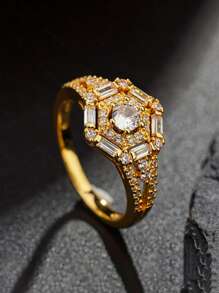 1pc Custom Fashion Cuban Link Ring, 18K Gold Plated CZ Simulated Diamond Punk Ring, Best Gift For Her And Him For Holidays - Multicolor - View 13