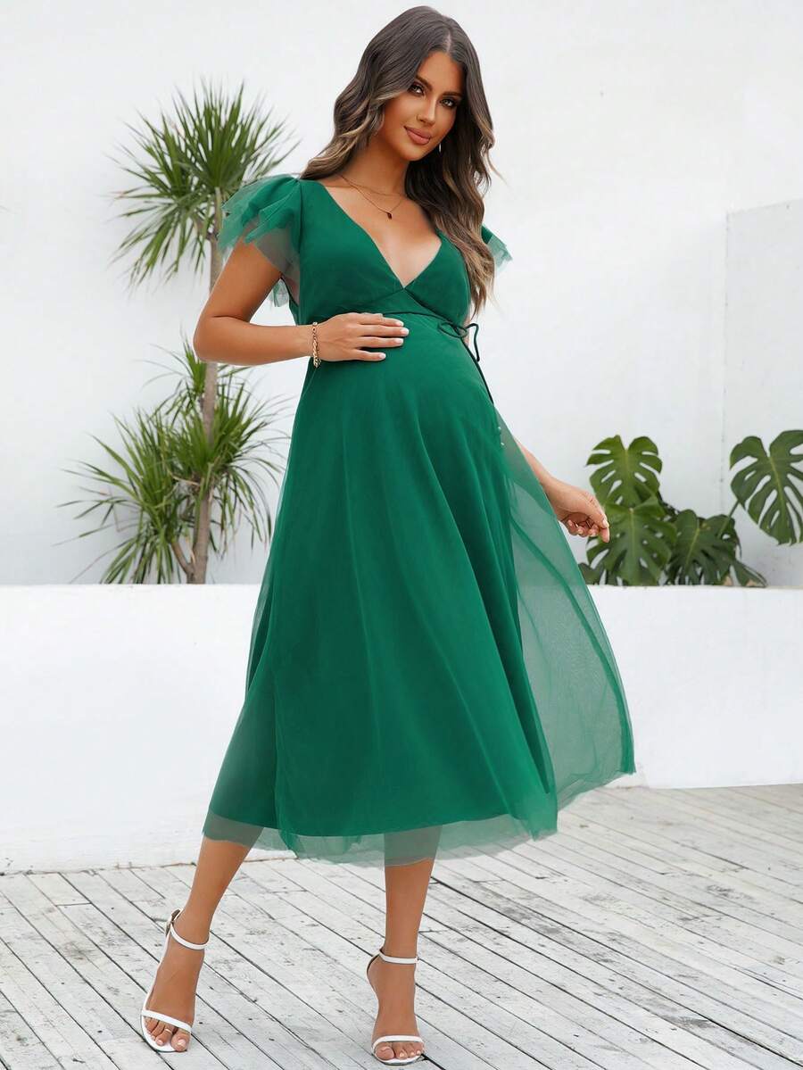 Joyfunear Đầm bầu tay bèo nhún màu trơn cổ chữ V sâu cho bà bầu - Màu xanh lá cây đậm - Xem 1