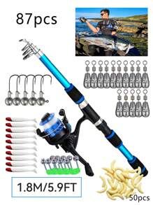 Set de caña de pescar 87 piezas, set telescópico portátil para principiantes que incluye señuelos blandos para pesca de carpa